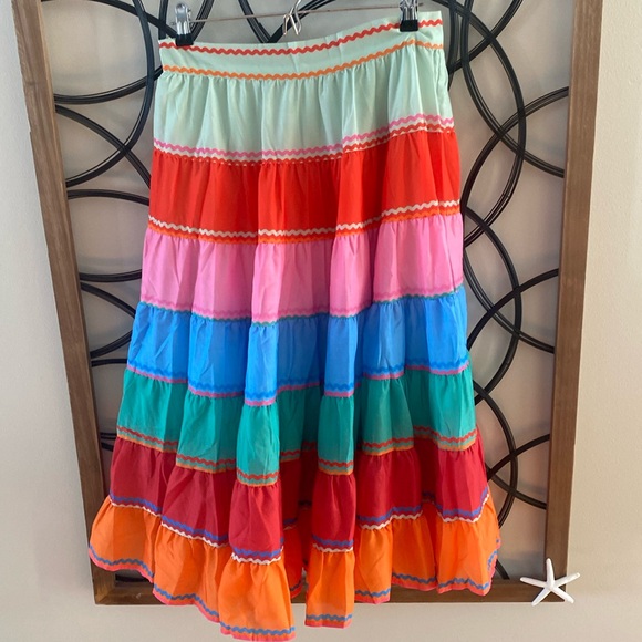 Two Twin Style Striped w printed ribbon accents flared Midi Skirt Asian size XL - Picture 2 of 8